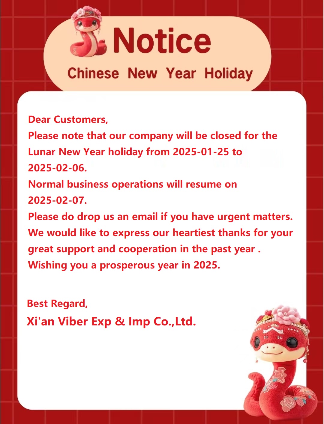 2025 Chinese New Year Holidays Notice